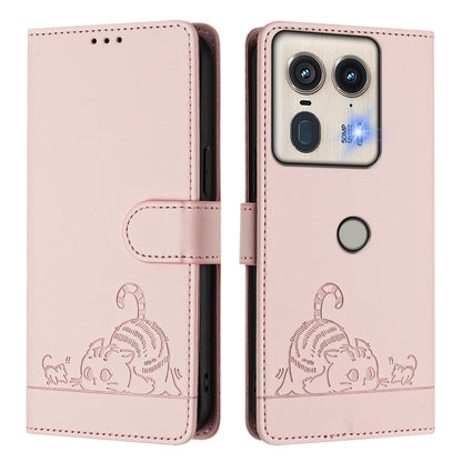 Motorola Edge 5G Global Cat and Mouse Embossed PU Leather RFID Case with Wallet Slots, Anti-Fall Protection, Kickstand, and Lanyard-buycases.co.uk