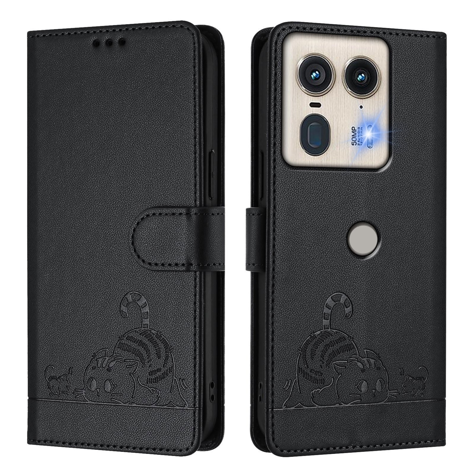 Motorola Edge 5G Global Cat and Mouse Embossed PU Leather RFID Case with Wallet Slots, Anti-Fall Protection, Kickstand, and Lanyard-buycases.co.uk