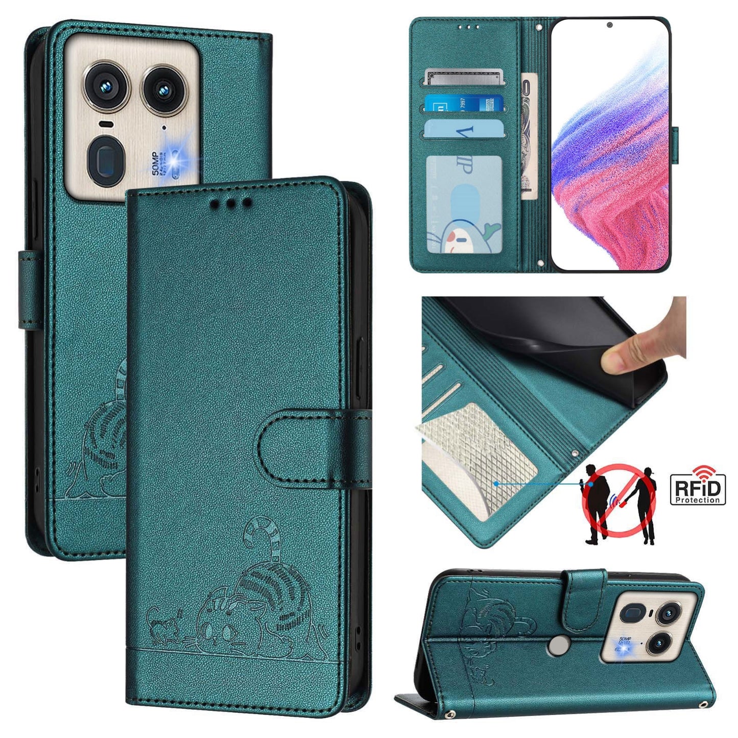 Motorola Edge 5G Global Cat and Mouse Embossed PU Leather RFID Case with Wallet Slots, Anti-Fall Protection, Kickstand, and Lanyard-buycases.co.uk