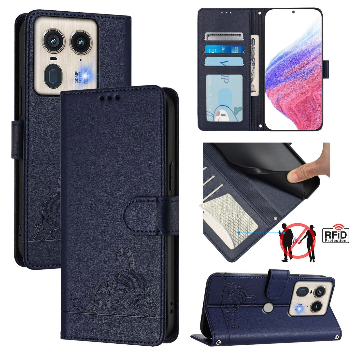 Motorola Edge 5G Global Cat and Mouse Embossed PU Leather RFID Case with Wallet Slots, Anti-Fall Protection, Kickstand, and Lanyard-buycases.co.uk