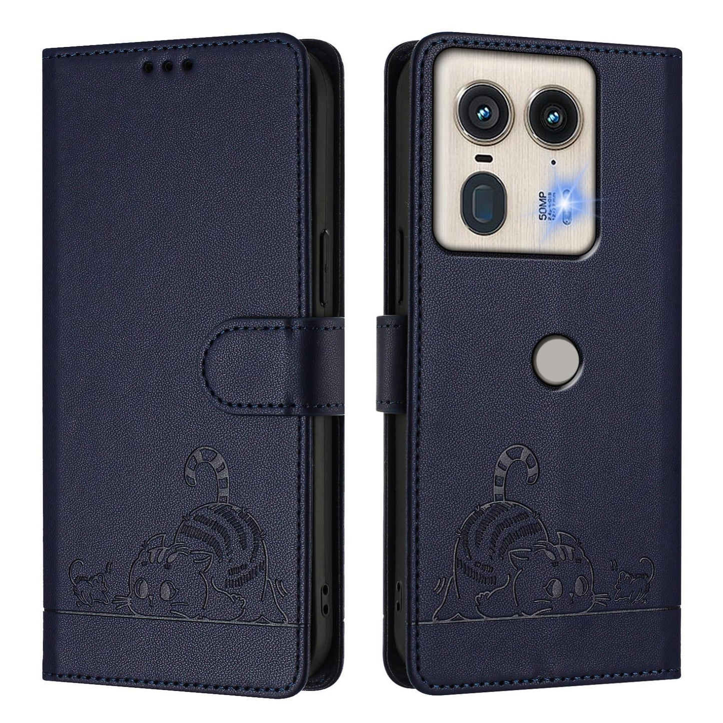 Motorola Edge 5G Global Cat and Mouse Embossed PU Leather RFID Case with Wallet Slots, Anti-Fall Protection, Kickstand, and Lanyard-buycases.co.uk