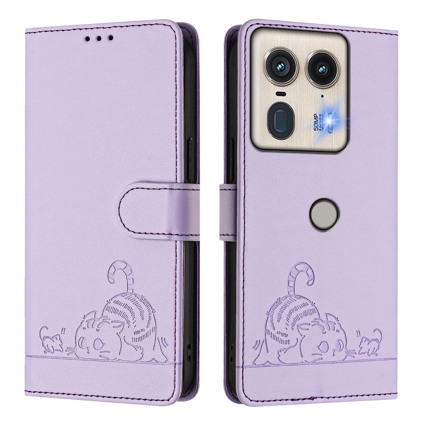 Motorola Edge 5G Global Cat and Mouse Embossed PU Leather RFID Case with Wallet Slots, Anti-Fall Protection, Kickstand, and Lanyard-buycases.co.uk