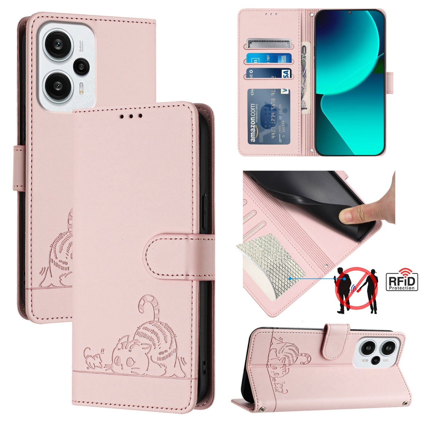 Xiaomi POCO F5 Cat and Mouse Embossed PU Leather RFID Case with Wallet Slots, Anti-Fall Protection, Kickstand, and Lanyard-buycases.co.uk