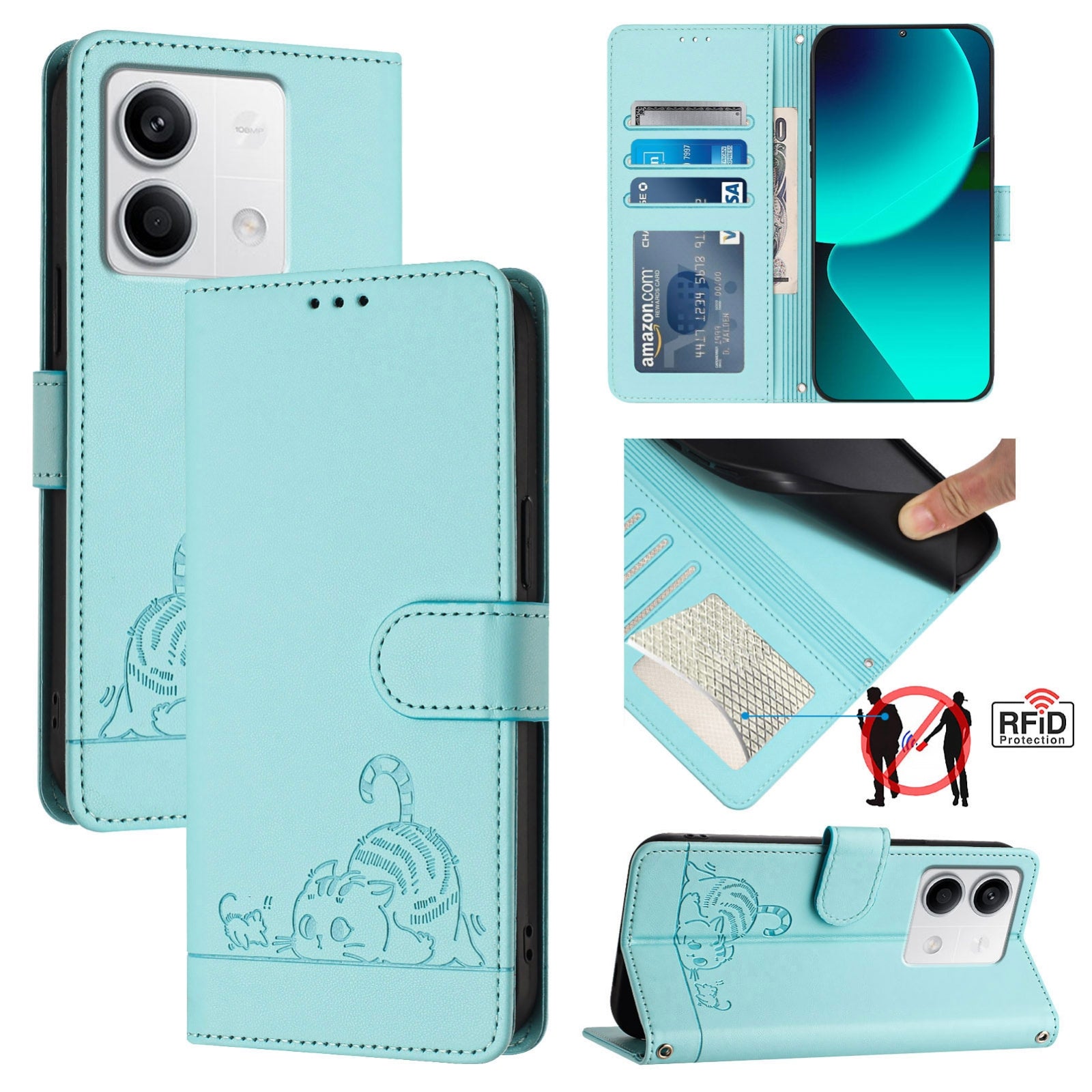 Xiaomi Redmi Note 13 5G Global Cat and Mouse Embossed PU Leather RFID Case with Wallet Slots, Anti-Fall Protection, Kickstand, and Lanyard-buycases.co.uk