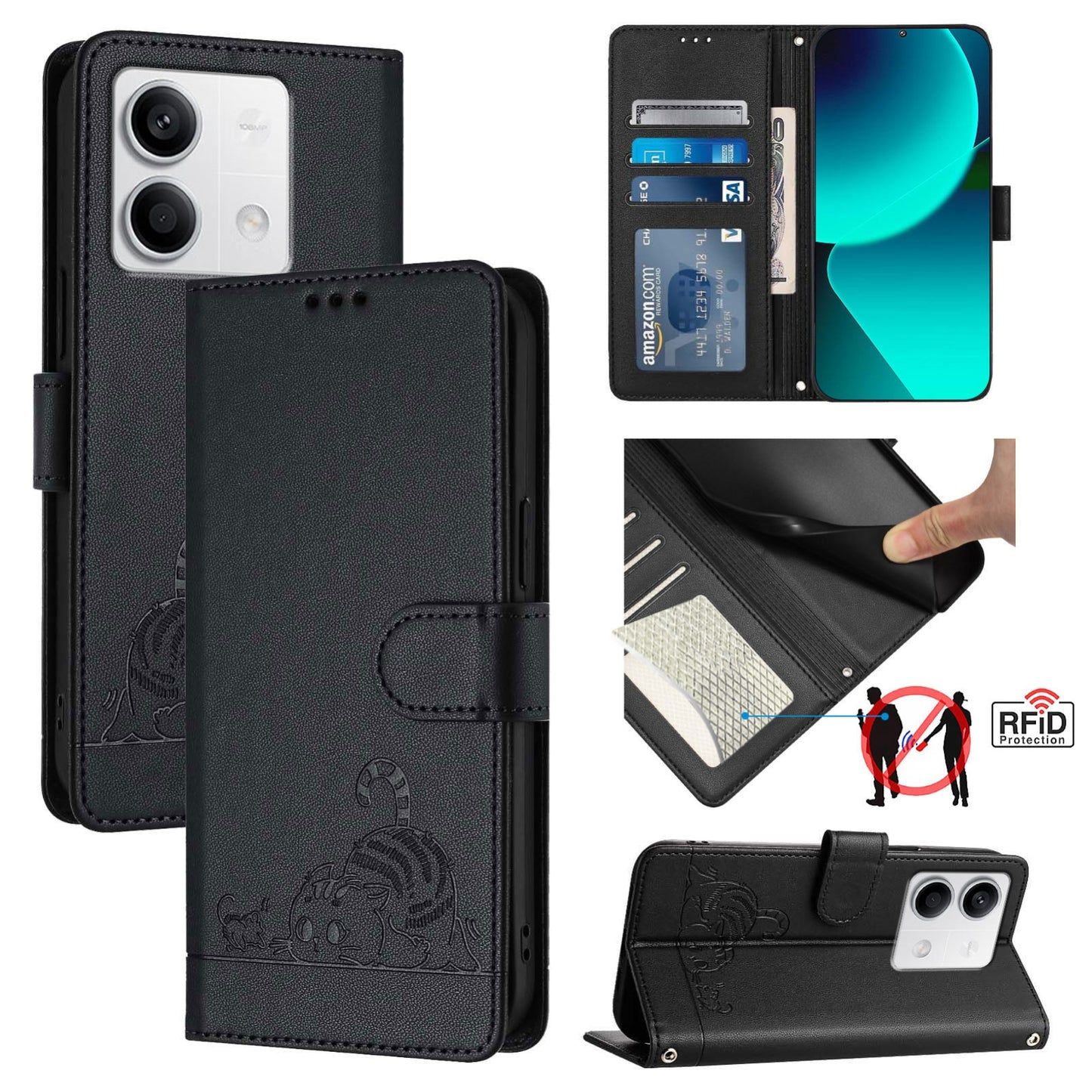 Xiaomi Redmi Note 13 5G Global Cat and Mouse Embossed PU Leather RFID Case with Wallet Slots, Anti-Fall Protection, Kickstand, and Lanyard-buycases.co.uk