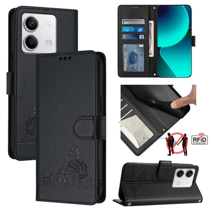 Xiaomi Redmi Note 13 5G Global Cat and Mouse Embossed PU Leather RFID Case with Wallet Slots, Anti-Fall Protection, Kickstand, and Lanyard-buycases.co.uk