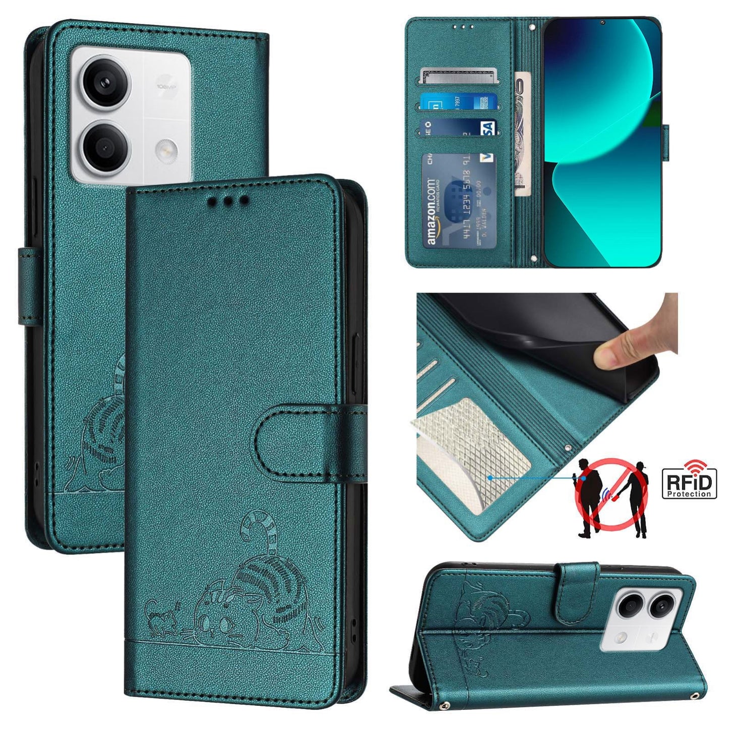 Xiaomi Redmi Note 13 5G Global Cat and Mouse Embossed PU Leather RFID Case with Wallet Slots, Anti-Fall Protection, Kickstand, and Lanyard-buycases.co.uk