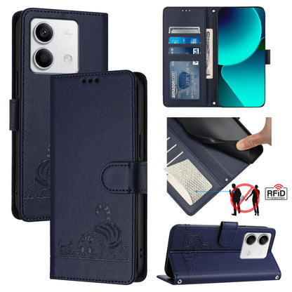 Xiaomi Redmi Note 13 5G Global Cat and Mouse Embossed PU Leather RFID Case with Wallet Slots, Anti-Fall Protection, Kickstand, and Lanyard-buycases.co.uk