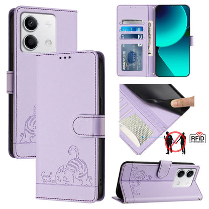 Xiaomi Redmi Note 13 5G Global Cat and Mouse Embossed PU Leather RFID Case with Wallet Slots, Anti-Fall Protection, Kickstand, and Lanyard-buycases.co.uk