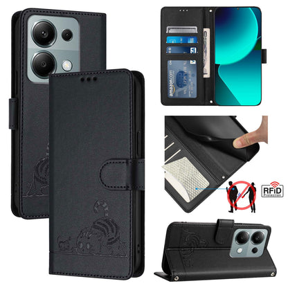 Xiaomi POCO M6 Pro 4G Cat and Mouse Embossed PU Leather RFID Case with Wallet Slots, Anti-Fall Protection, Kickstand, and Lanyard-buycases.co.uk