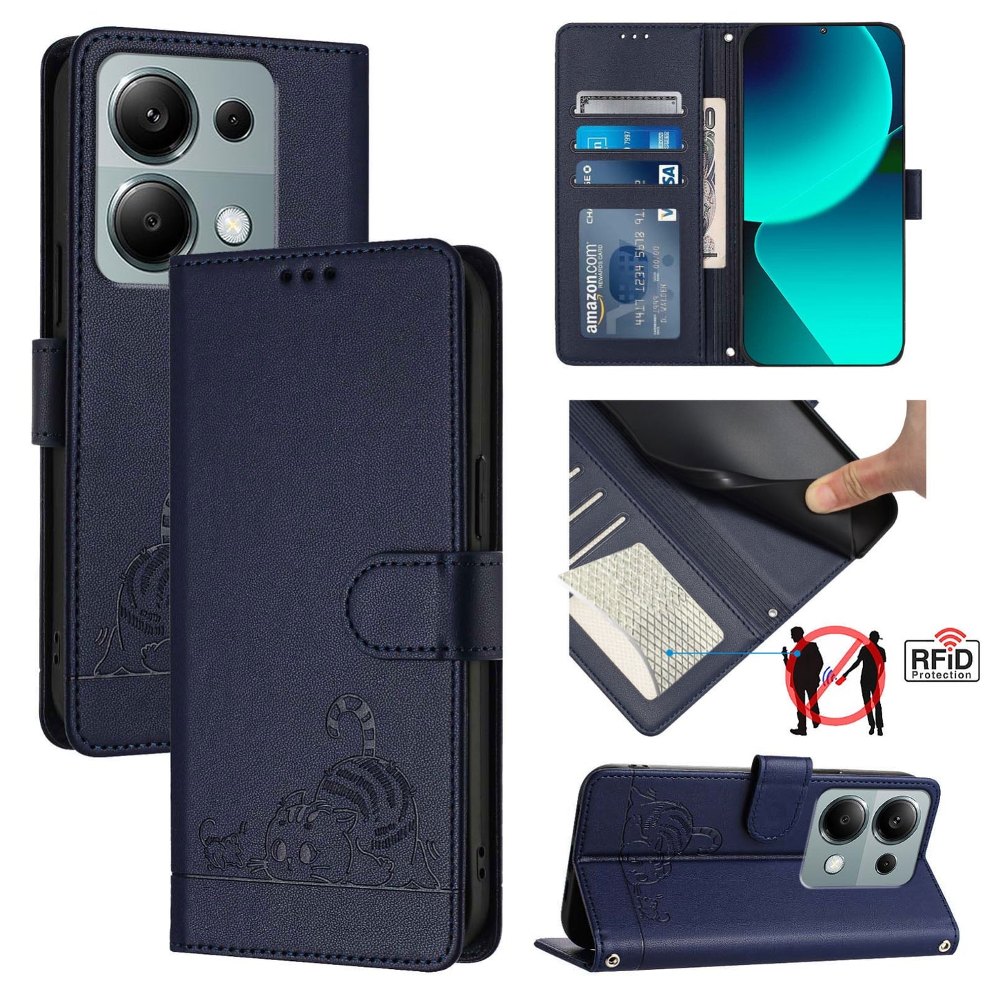 Xiaomi POCO M6 Pro 4G Cat and Mouse Embossed PU Leather RFID Case with Wallet Slots, Anti-Fall Protection, Kickstand, and Lanyard-buycases.co.uk