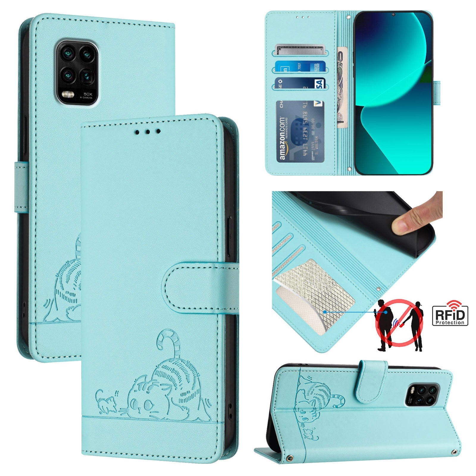 Xiaomi Mi 10 Lite Cat and Mouse Embossed PU Leather RFID Case with Wallet Slots, Anti-Fall Protection, Kickstand, and Lanyard-buycases.co.uk
