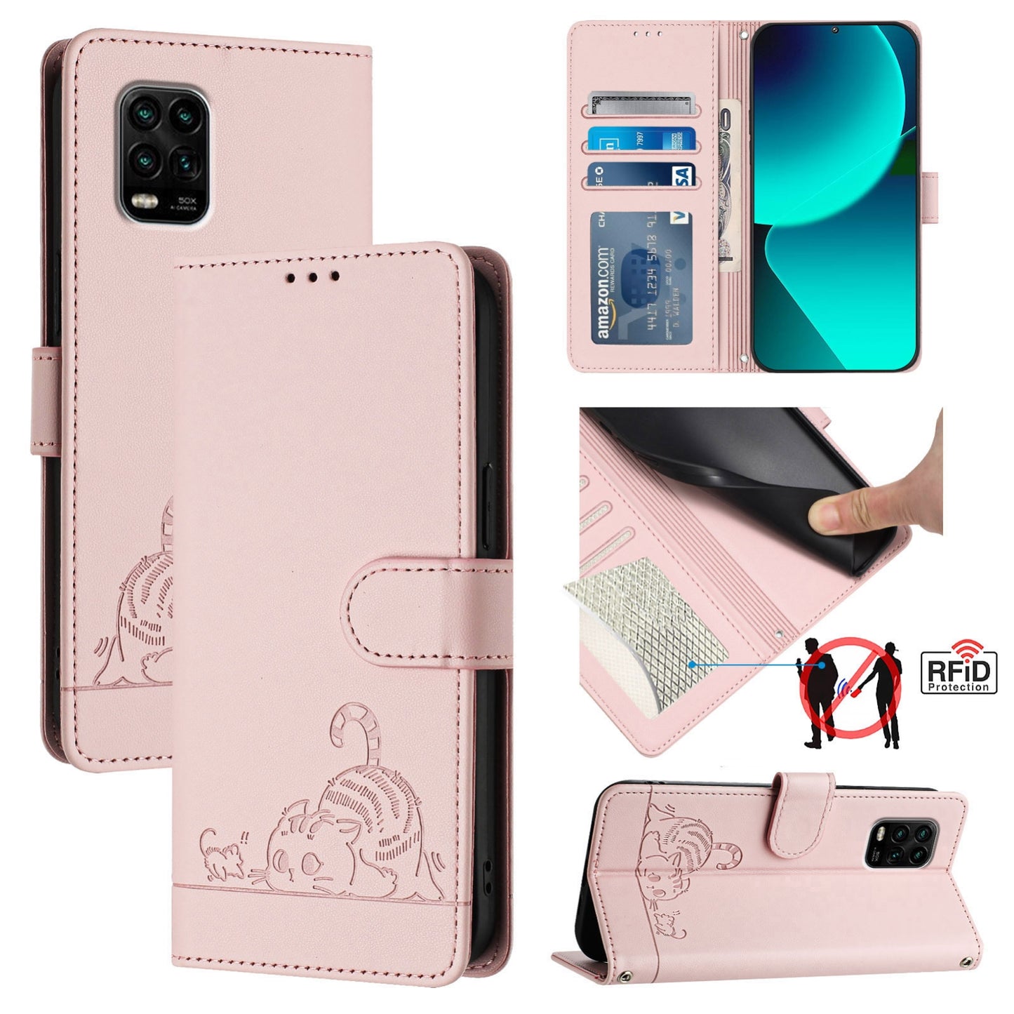 Xiaomi Mi 10 Lite Cat and Mouse Embossed PU Leather RFID Case with Wallet Slots, Anti-Fall Protection, Kickstand, and Lanyard-buycases.co.uk