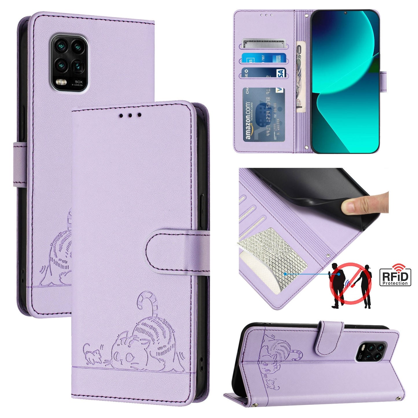 Xiaomi Mi 10 Lite Cat and Mouse Embossed PU Leather RFID Case with Wallet Slots, Anti-Fall Protection, Kickstand, and Lanyard-buycases.co.uk