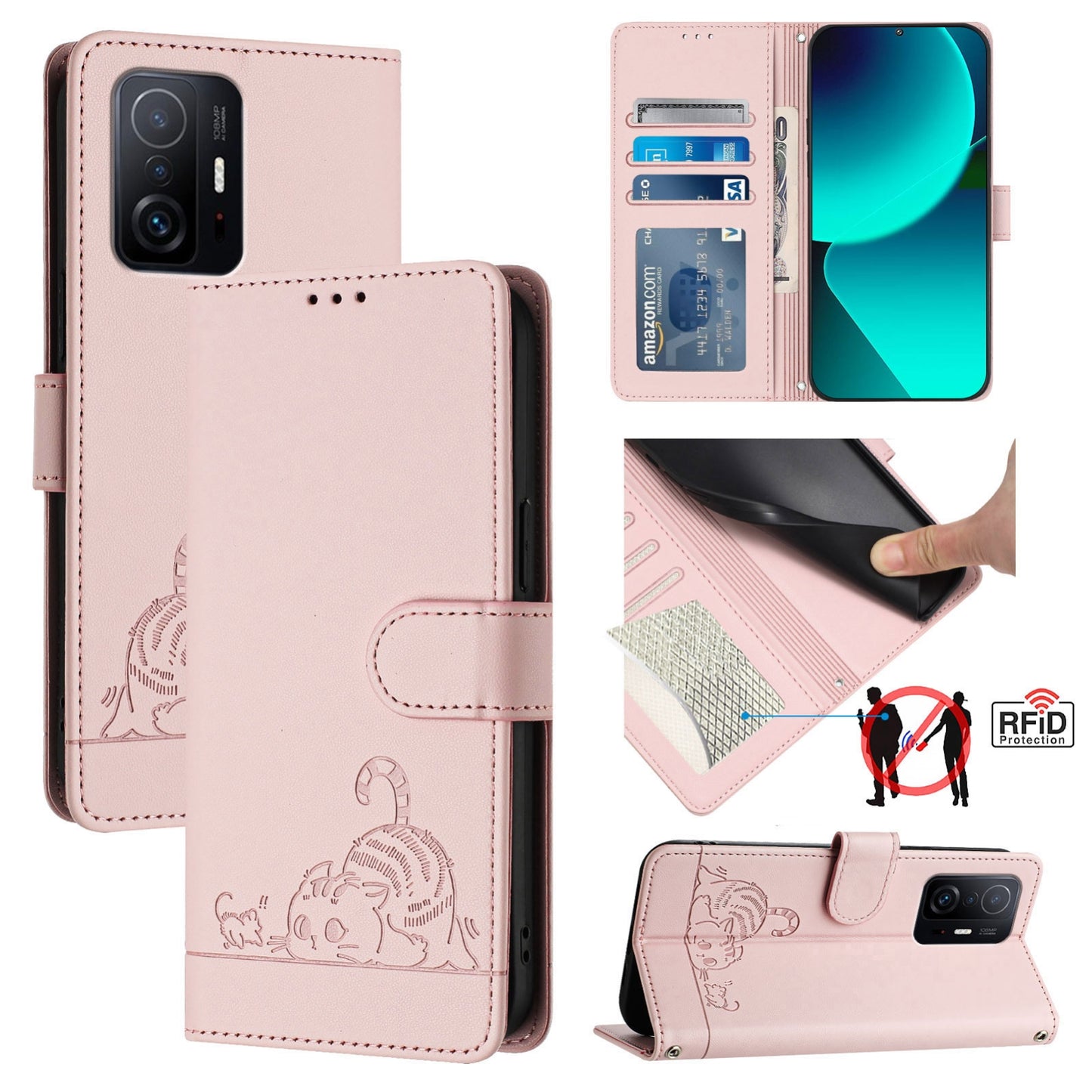 Xiaomi Mi 10T Pro Cat and Mouse Embossed PU Leather RFID Case with Wallet Slots, Anti-Fall Protection, Kickstand, and Lanyard-buycases.co.uk