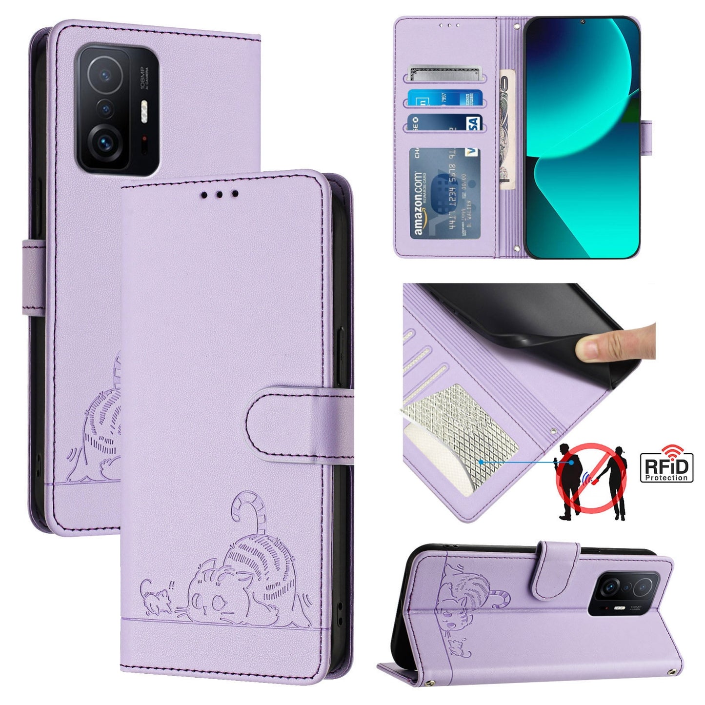 Xiaomi Mi 10T Pro Cat and Mouse Embossed PU Leather RFID Case with Wallet Slots, Anti-Fall Protection, Kickstand, and Lanyard-buycases.co.uk