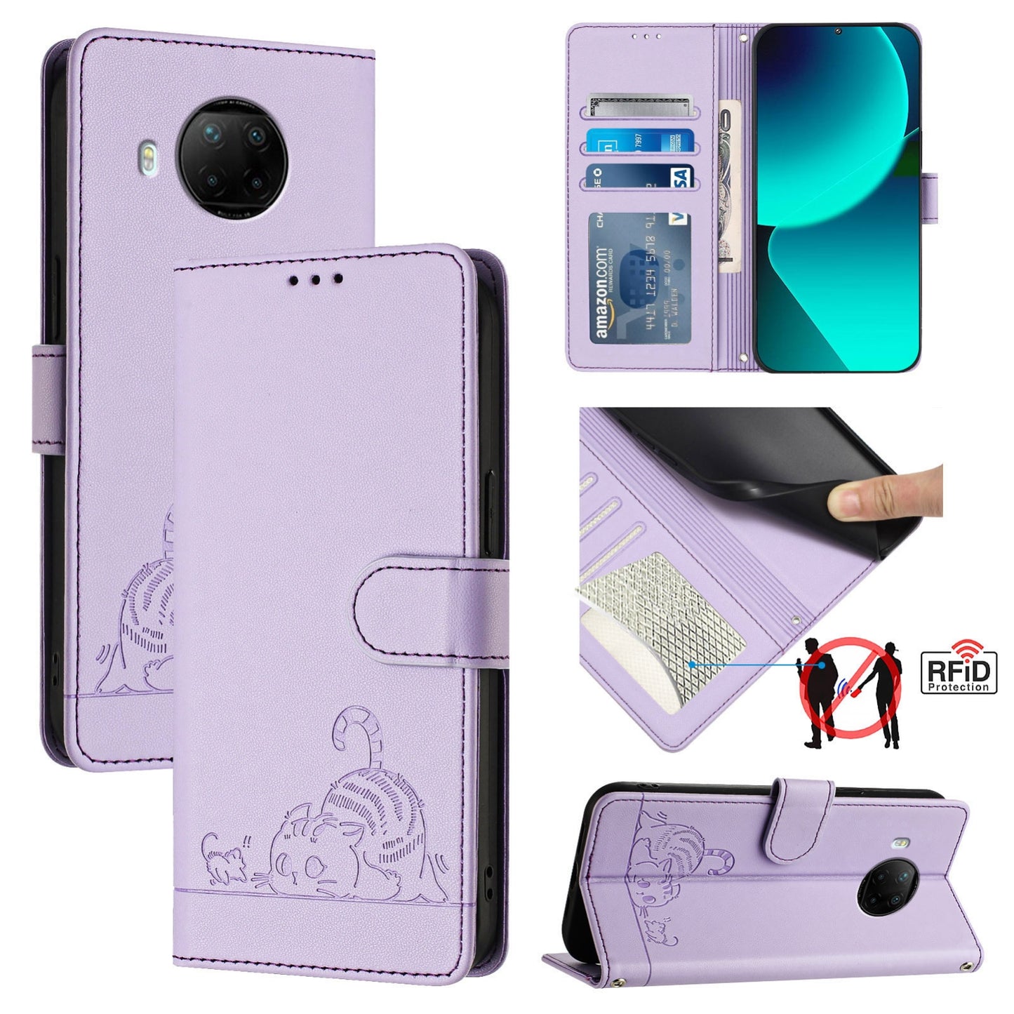 Xiaomi Mi 10T Lite 5G Cat and Mouse Embossed PU Leather RFID Case with Wallet Slots, Anti-Fall Protection, Kickstand, and Lanyard-buycases.co.uk