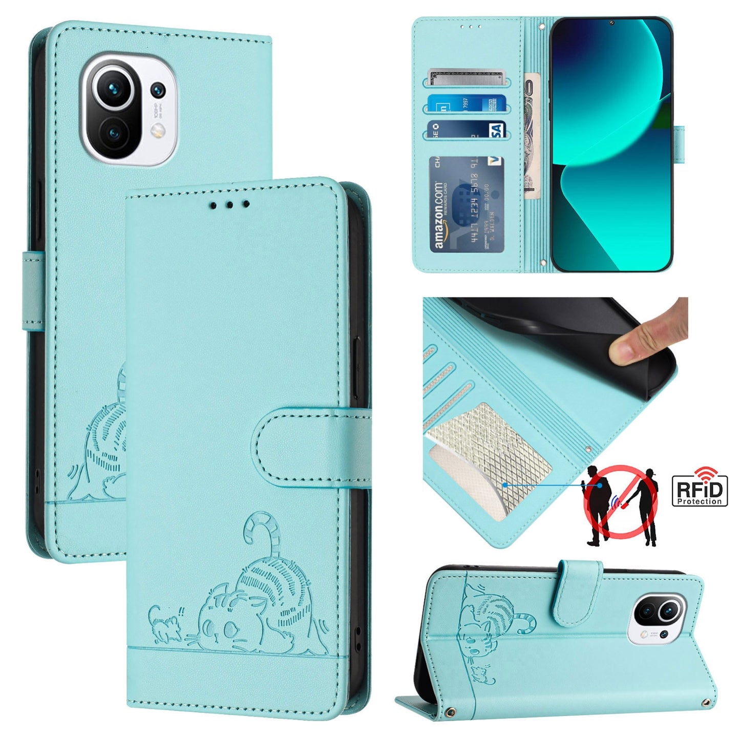 Xiaomi Mi 11 Cat and Mouse Embossed PU Leather RFID Case with Wallet Slots, Anti-Fall Protection, Kickstand, and Lanyard-buycases.co.uk