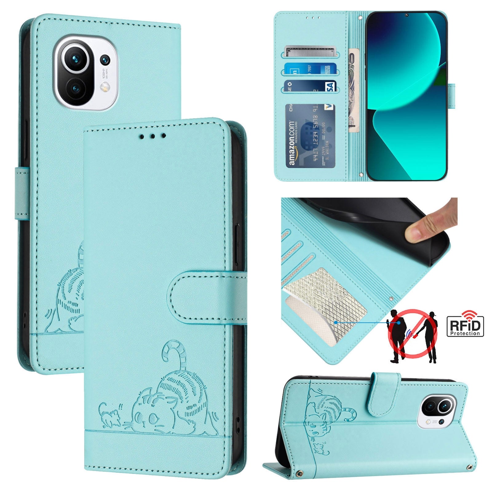 Xiaomi Mi 11 Cat and Mouse Embossed PU Leather RFID Case with Wallet Slots, Anti-Fall Protection, Kickstand, and Lanyard-buycases.co.uk