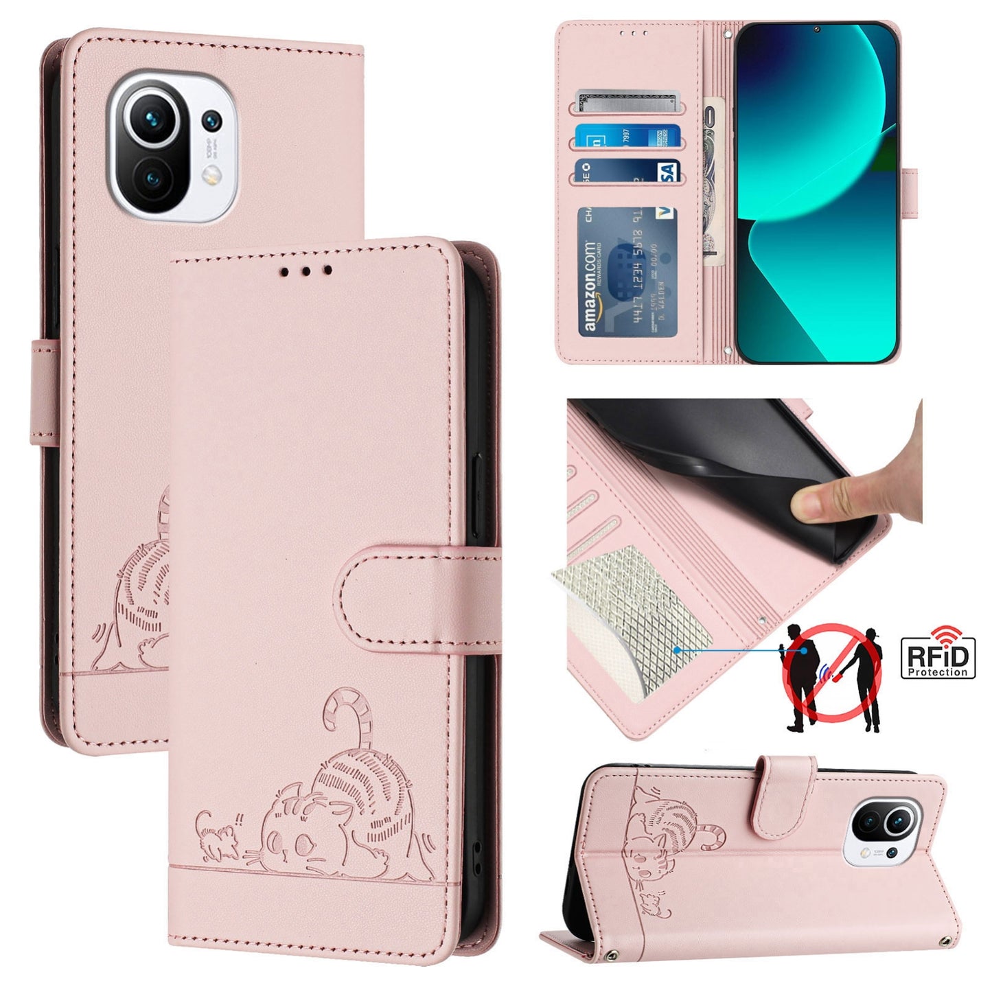 Xiaomi Mi 11 Cat and Mouse Embossed PU Leather RFID Case with Wallet Slots, Anti-Fall Protection, Kickstand, and Lanyard-buycases.co.uk