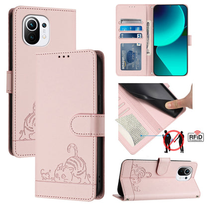 Xiaomi Mi 11 Cat and Mouse Embossed PU Leather RFID Case with Wallet Slots, Anti-Fall Protection, Kickstand, and Lanyard-buycases.co.uk