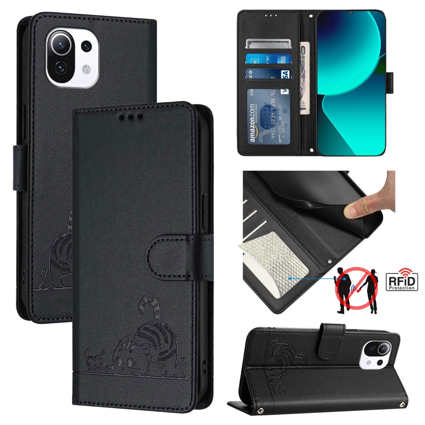 Xiaomi Mi 11 Lite Cat and Mouse Embossed PU Leather RFID Case with Wallet Slots, Anti-Fall Protection, Kickstand, and Lanyard-buycases.co.uk