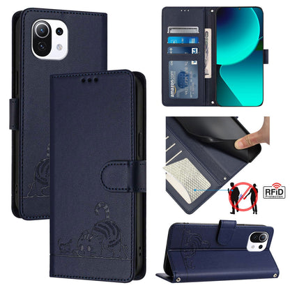 Xiaomi Mi 11 Lite Cat and Mouse Embossed PU Leather RFID Case with Wallet Slots, Anti-Fall Protection, Kickstand, and Lanyard-buycases.co.uk