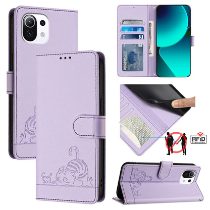 Xiaomi Mi 11 Lite Cat and Mouse Embossed PU Leather RFID Case with Wallet Slots, Anti-Fall Protection, Kickstand, and Lanyard-buycases.co.uk