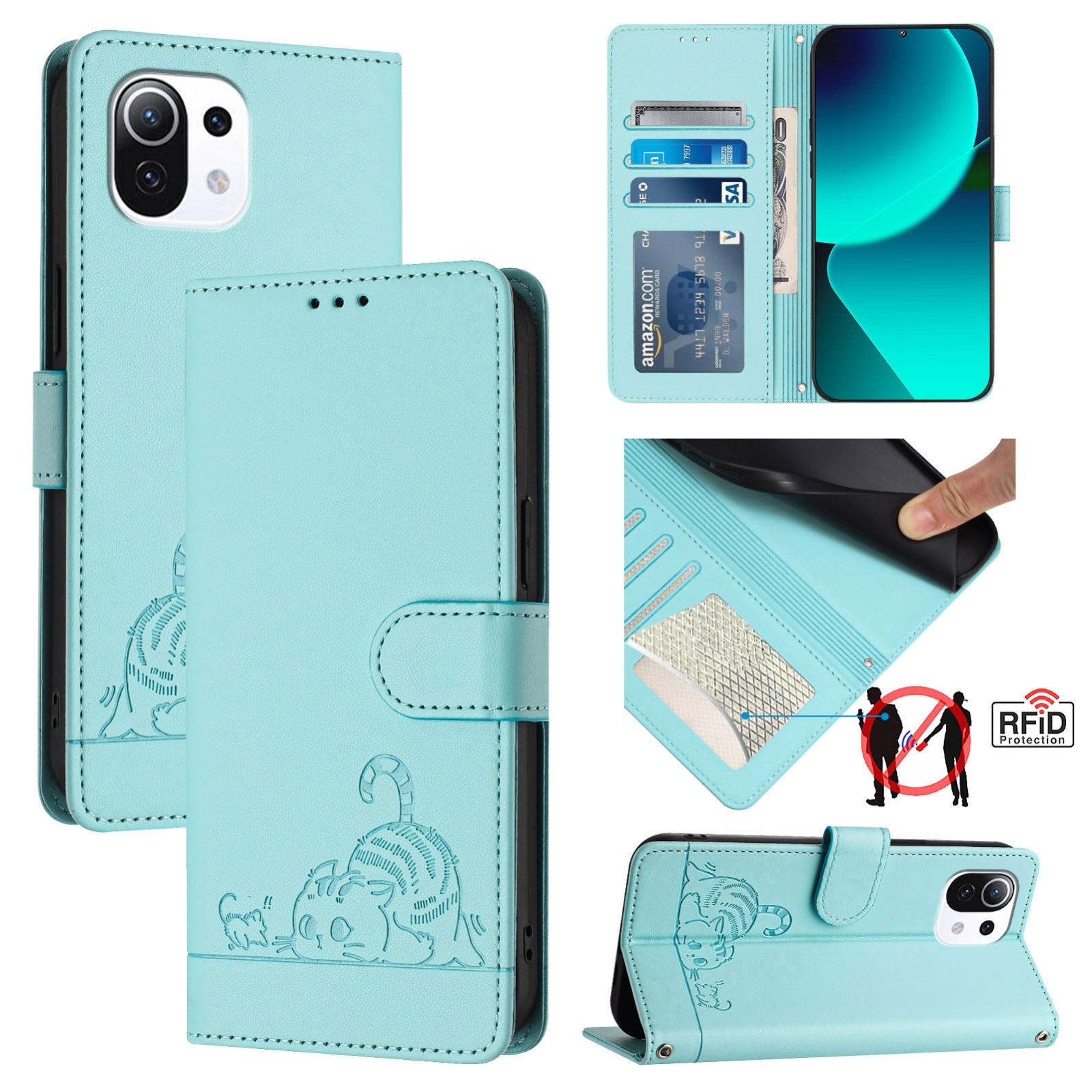 Xiaomi Mi 11 Lite 5G Cat and Mouse Embossed PU Leather RFID Case with Wallet Slots, Anti-Fall Protection, Kickstand, and Lanyard-buycases.co.uk