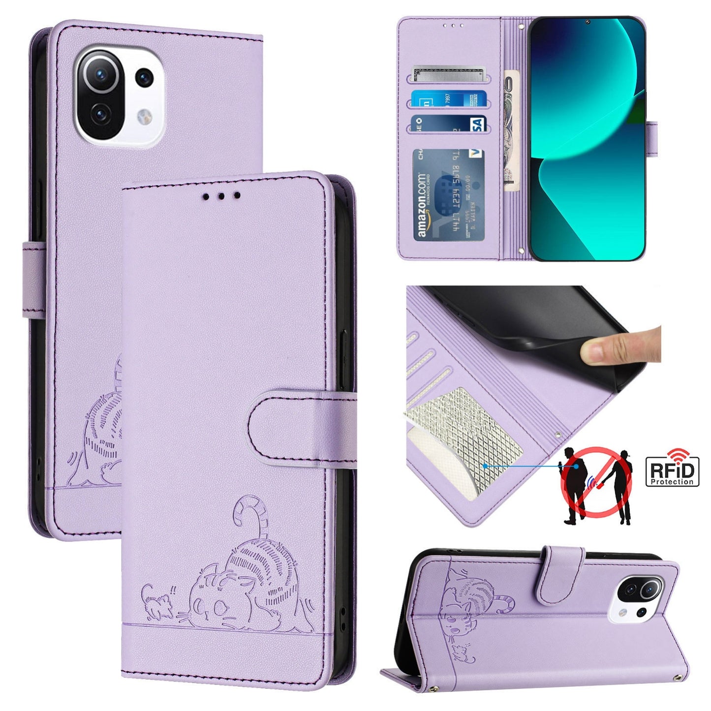 Xiaomi Mi 11 Lite 5G Cat and Mouse Embossed PU Leather RFID Case with Wallet Slots, Anti-Fall Protection, Kickstand, and Lanyard-buycases.co.uk