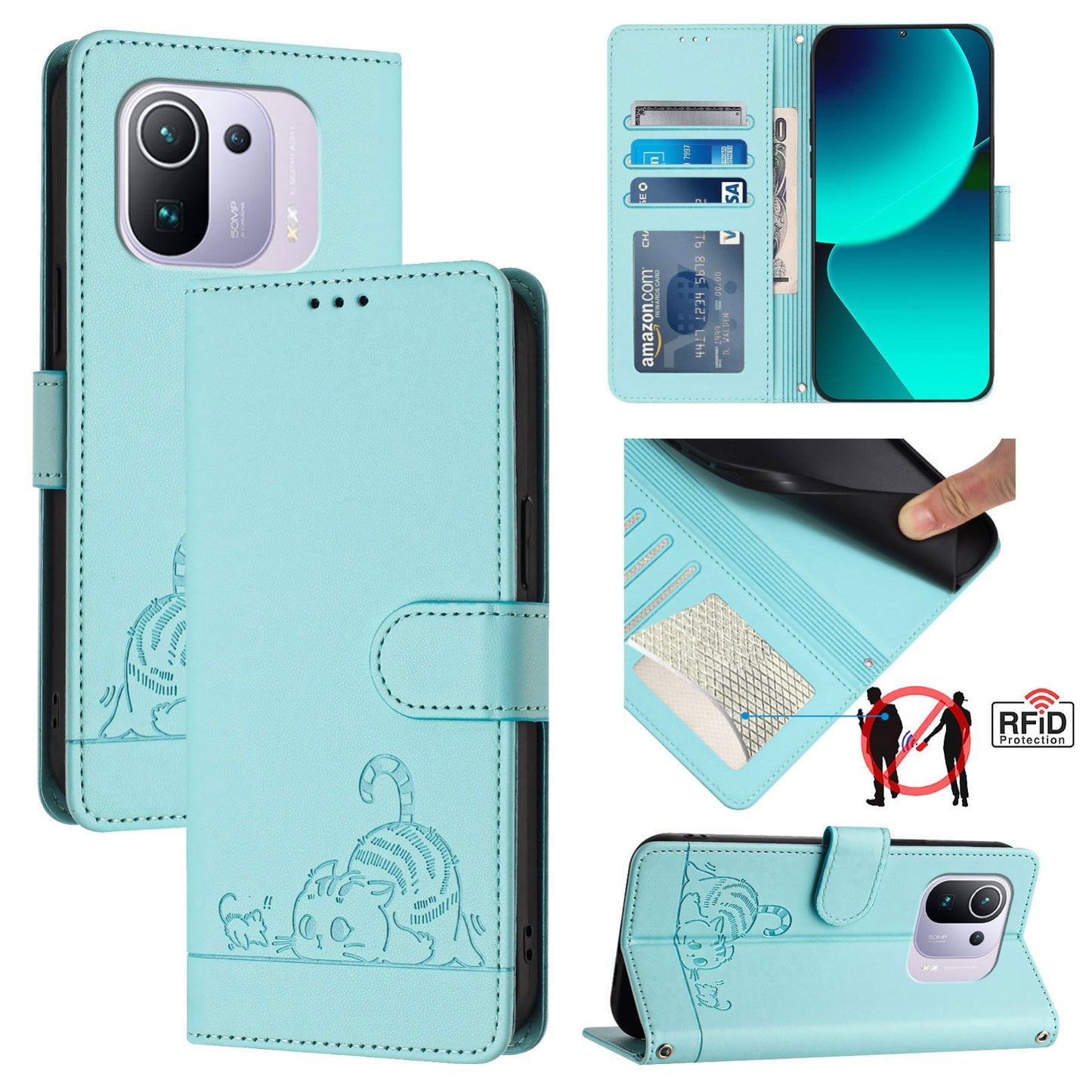 Xiaomi Mi 11 Pro Cat and Mouse Embossed PU Leather RFID Case with Wallet Slots, Anti-Fall Protection, Kickstand, and Lanyard-buycases.co.uk