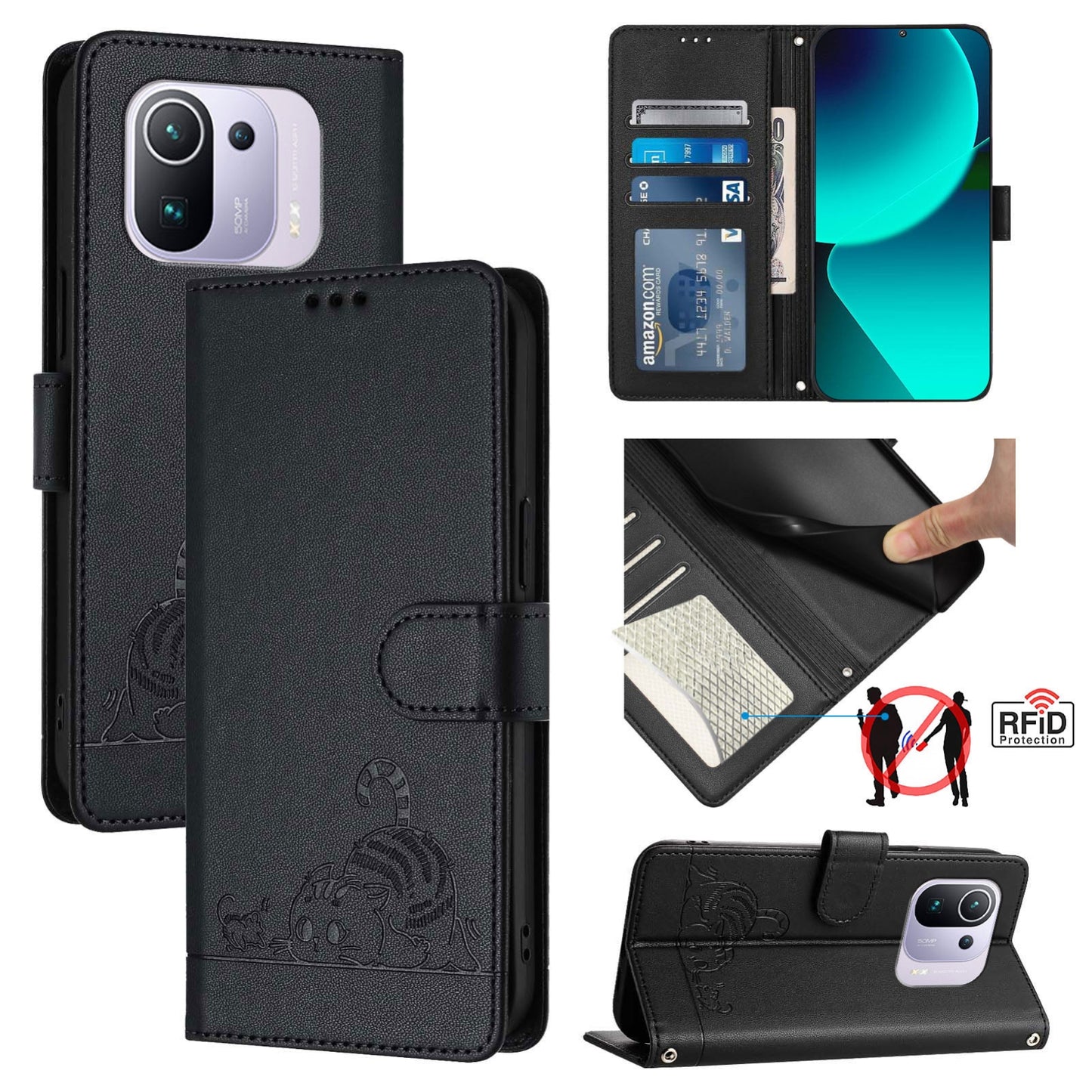 Xiaomi Mi 11 Pro Cat and Mouse Embossed PU Leather RFID Case with Wallet Slots, Anti-Fall Protection, Kickstand, and Lanyard-buycases.co.uk