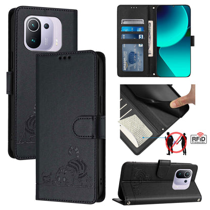 Xiaomi Mi 11 Pro Cat and Mouse Embossed PU Leather RFID Case with Wallet Slots, Anti-Fall Protection, Kickstand, and Lanyard-buycases.co.uk