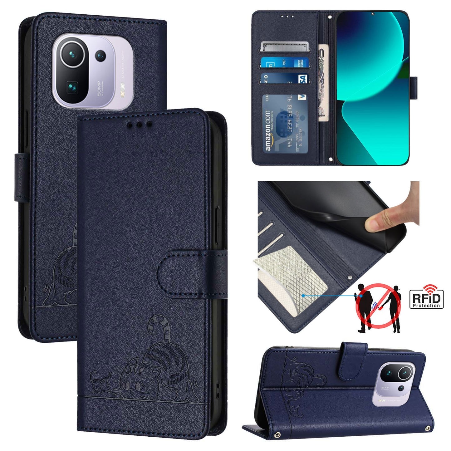 Xiaomi Mi 11 Pro Cat and Mouse Embossed PU Leather RFID Case with Wallet Slots, Anti-Fall Protection, Kickstand, and Lanyard-buycases.co.uk