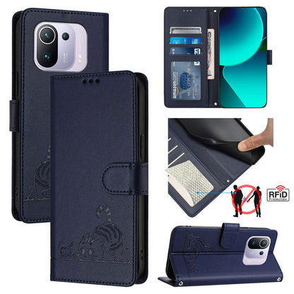 Xiaomi Mi 11 Pro Cat and Mouse Embossed PU Leather RFID Case with Wallet Slots, Anti-Fall Protection, Kickstand, and Lanyard-buycases.co.uk