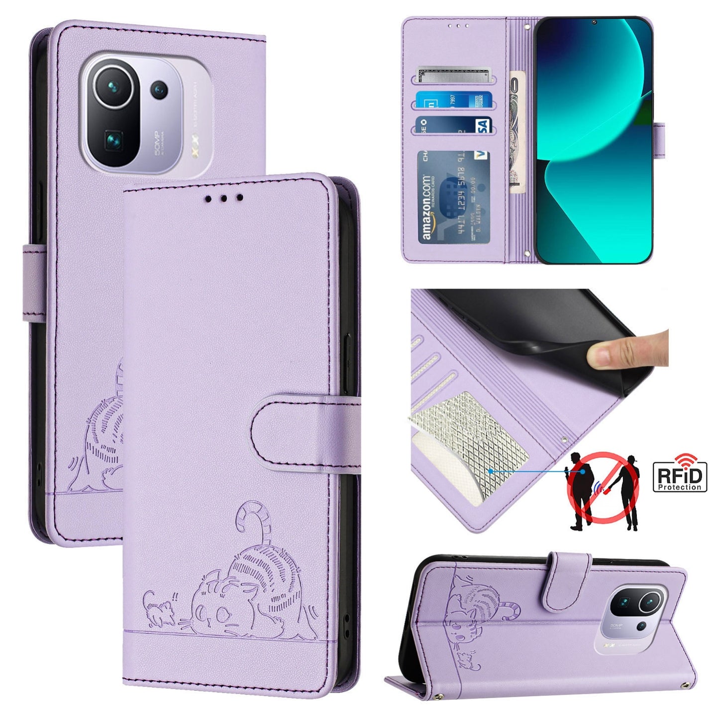 Xiaomi Mi 11 Pro Cat and Mouse Embossed PU Leather RFID Case with Wallet Slots, Anti-Fall Protection, Kickstand, and Lanyard-buycases.co.uk