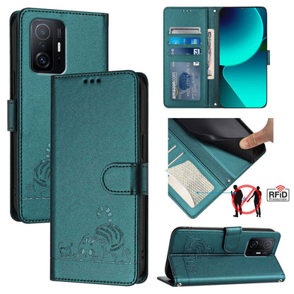 Xiaomi 11T Cat and Mouse Embossed PU Leather RFID Case with Wallet Slots, Anti-Fall Protection, Kickstand, and Lanyard-buycases.co.uk