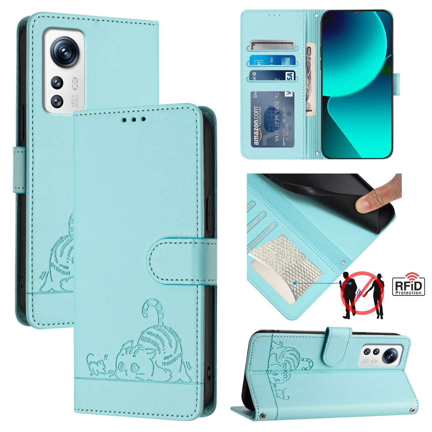 Xiaomi 12 5G Cat and Mouse Embossed PU Leather RFID Case with Wallet Slots, Anti-Fall Protection, Kickstand, and Lanyard-buycases.co.uk
