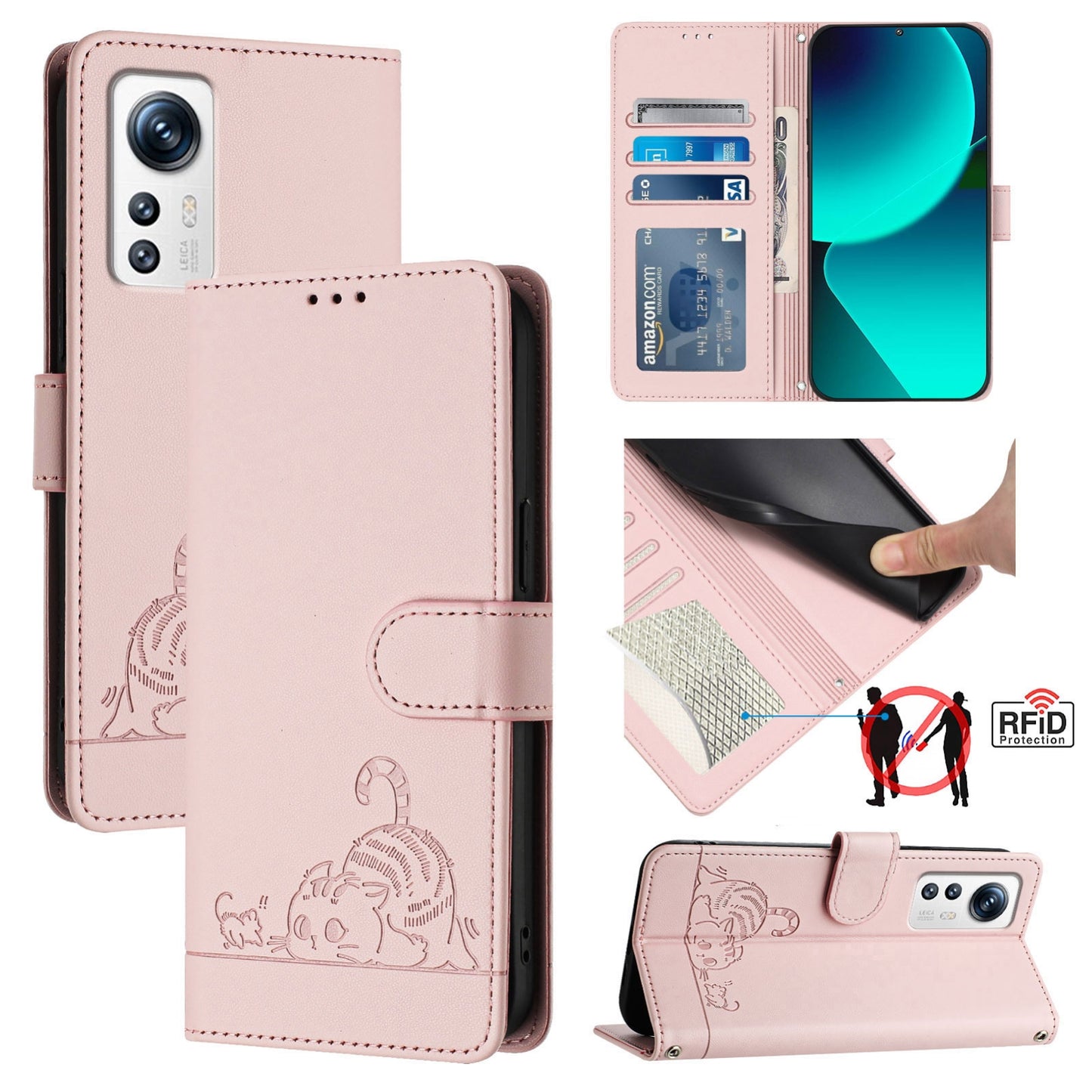 Xiaomi 12X 5G Cat and Mouse Embossed PU Leather RFID Case with Wallet Slots, Anti-Fall Protection, Kickstand, and Lanyard-buycases.co.uk