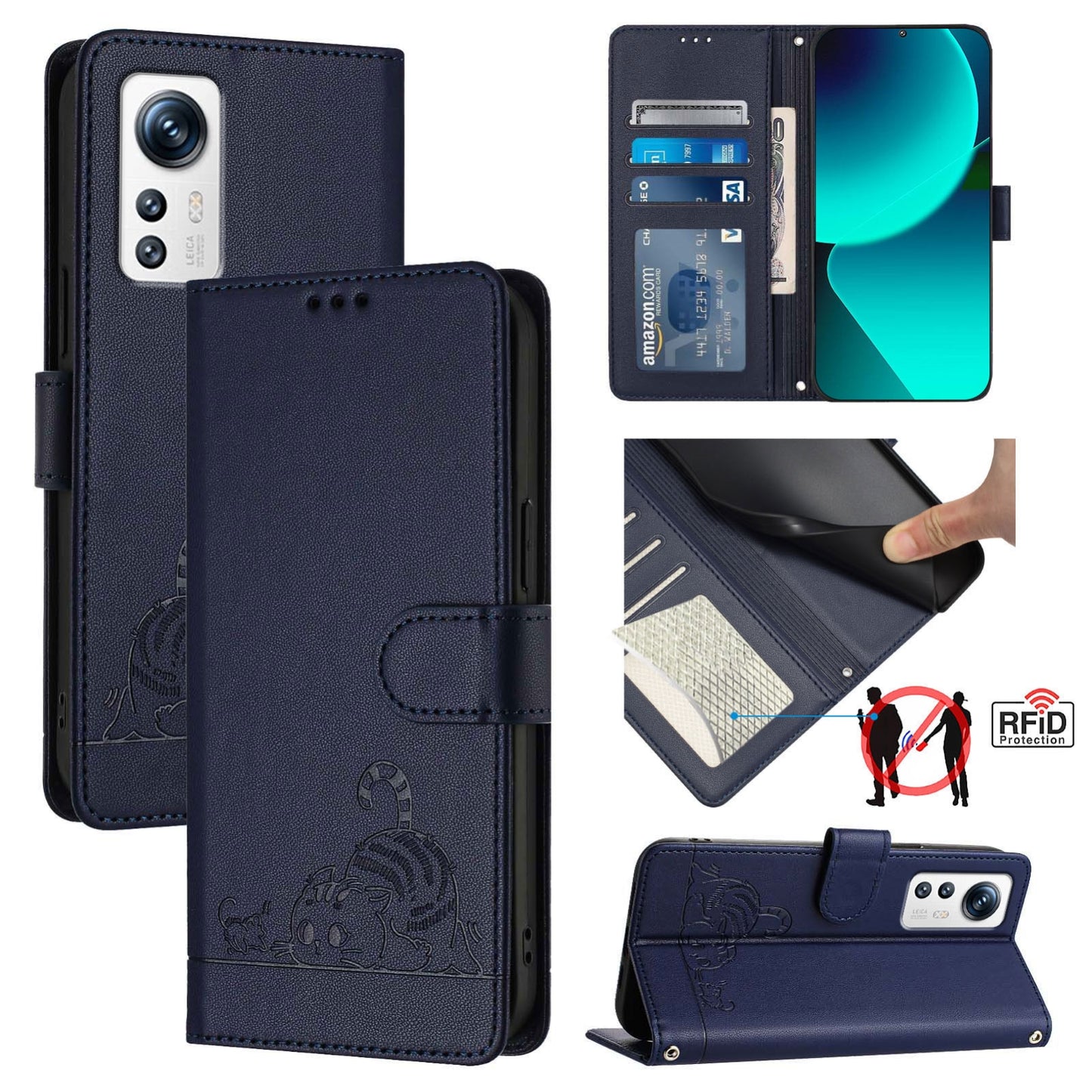 Xiaomi 12 5G Cat and Mouse Embossed PU Leather RFID Case with Wallet Slots, Anti-Fall Protection, Kickstand, and Lanyard-buycases.co.uk