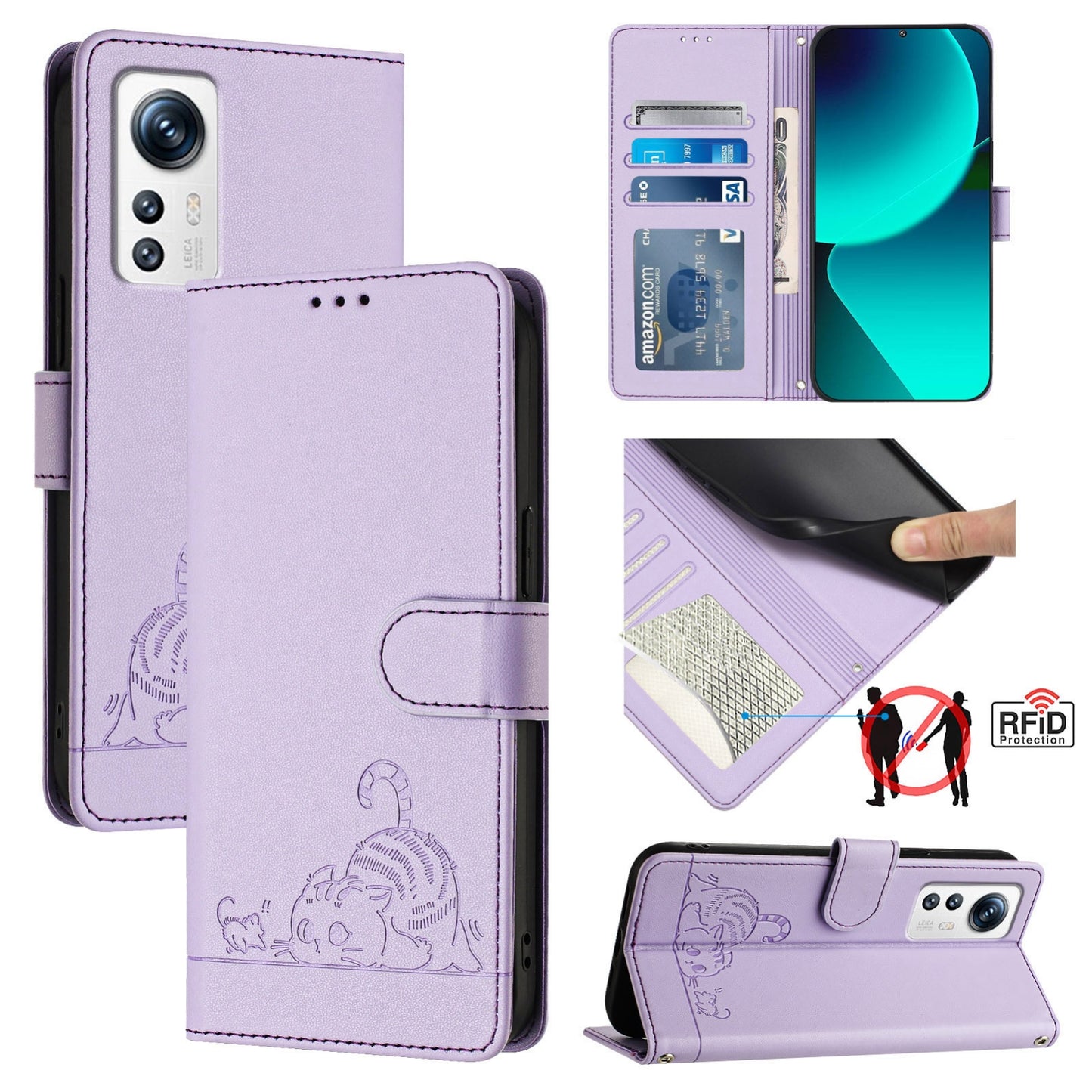 Xiaomi 12X 5G Cat and Mouse Embossed PU Leather RFID Case with Wallet Slots, Anti-Fall Protection, Kickstand, and Lanyard-buycases.co.uk