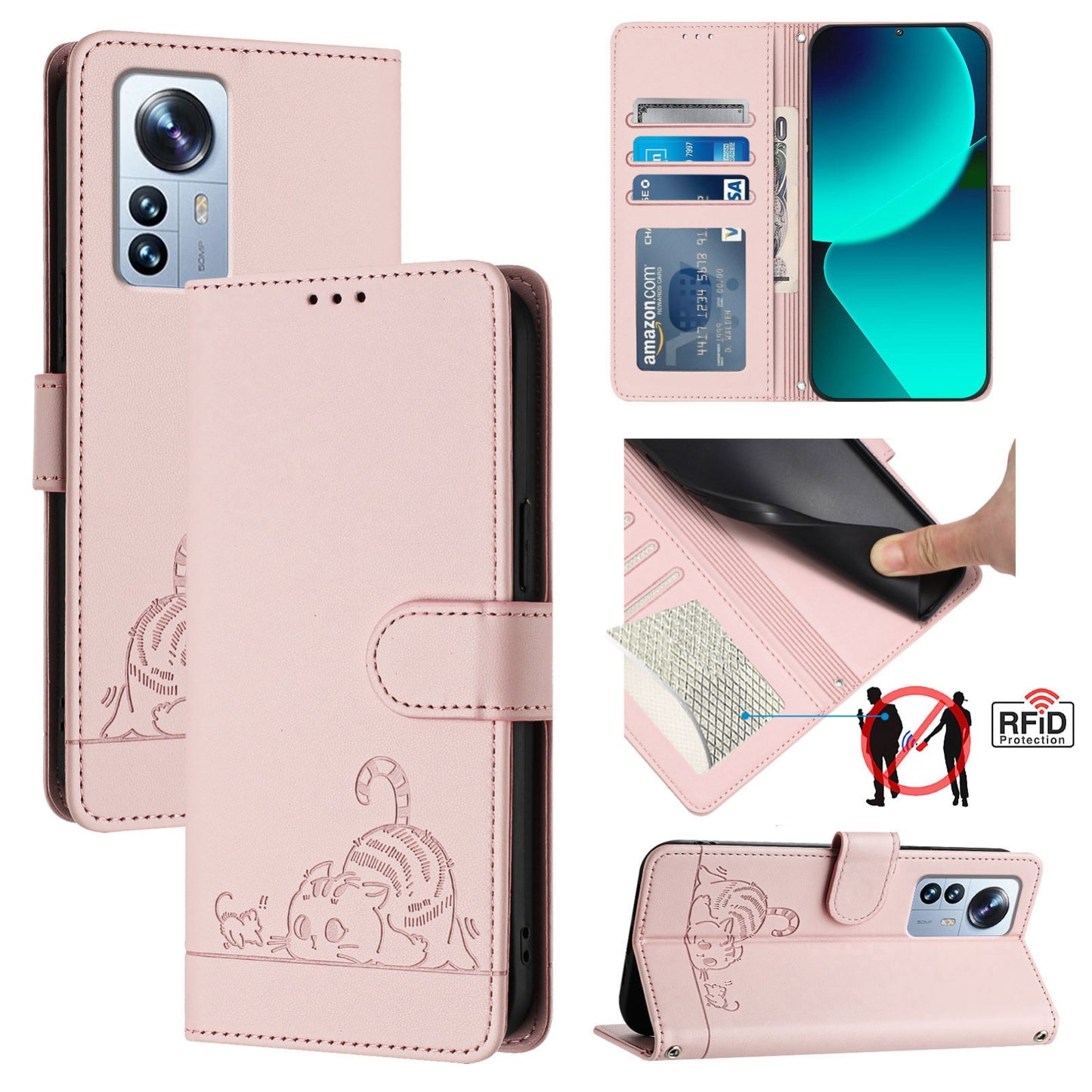 Xiaomi 12s Pro Cat and Mouse Embossed PU Leather RFID Case with Wallet Slots, Anti-Fall Protection, Kickstand, and Lanyard-buycases.co.uk