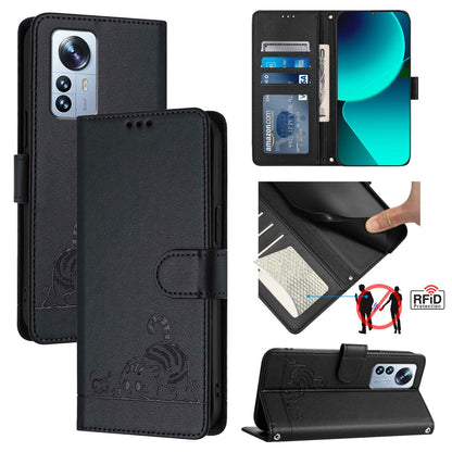Xiaomi 12s Pro Cat and Mouse Embossed PU Leather RFID Case with Wallet Slots, Anti-Fall Protection, Kickstand, and Lanyard-buycases.co.uk