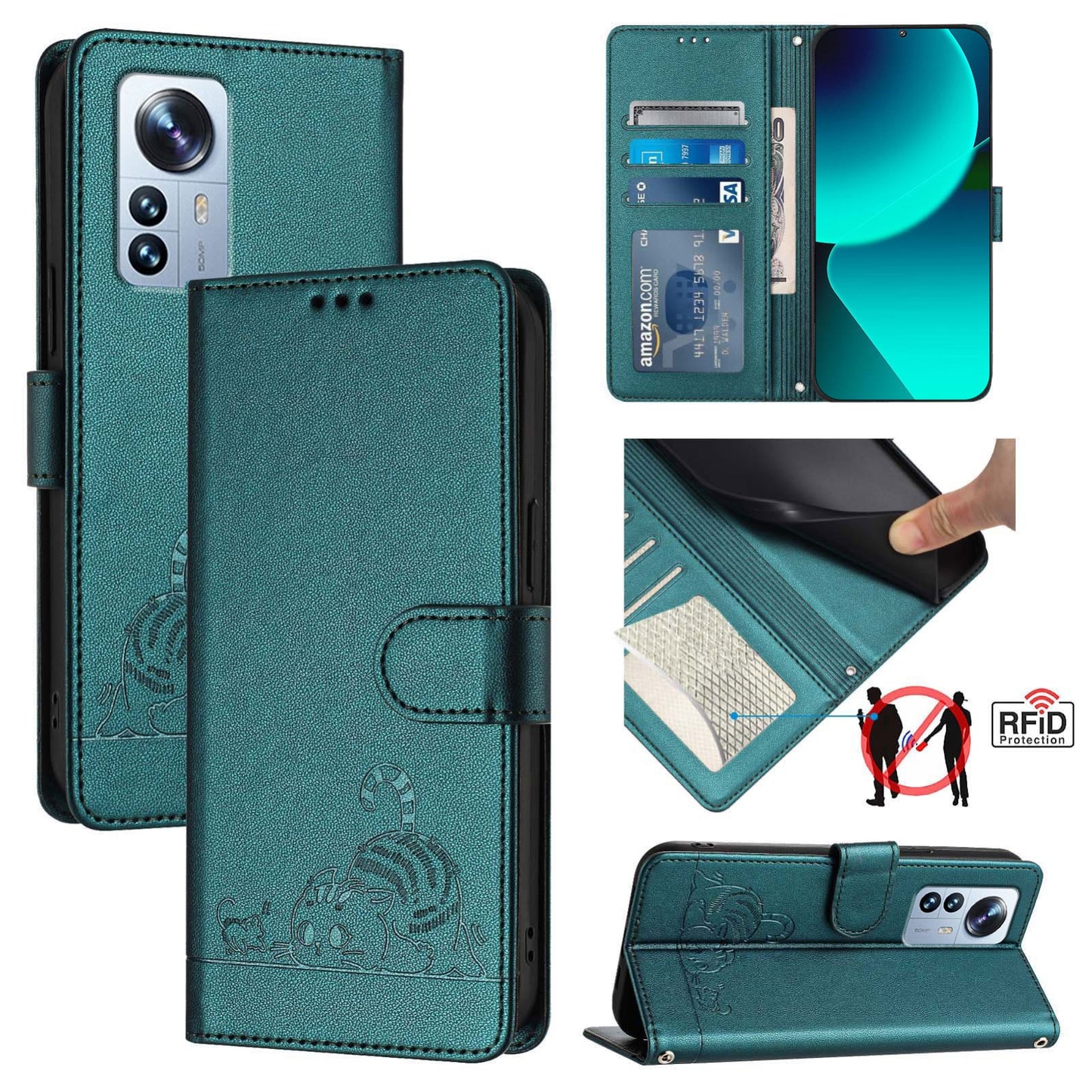 Xiaomi 12s Pro Cat and Mouse Embossed PU Leather RFID Case with Wallet Slots, Anti-Fall Protection, Kickstand, and Lanyard-buycases.co.uk