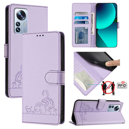 Xiaomi 12s Pro Cat and Mouse Embossed PU Leather RFID Case with Wallet Slots, Anti-Fall Protection, Kickstand, and Lanyard-buycases.co.uk