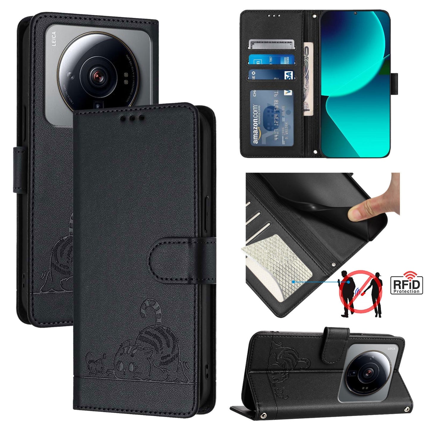 Xiaomi 12s Ultra Cat and Mouse Embossed PU Leather RFID Case with Wallet Slots, Anti-Fall Protection, Kickstand, and Lanyard-buycases.co.uk