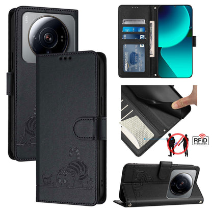 Xiaomi 12s Ultra Cat and Mouse Embossed PU Leather RFID Case with Wallet Slots, Anti-Fall Protection, Kickstand, and Lanyard-buycases.co.uk