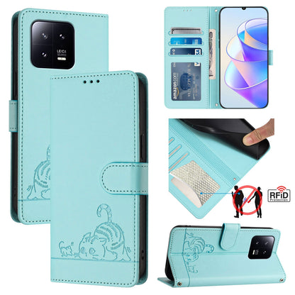 Xiaomi 13 5G Cat and Mouse Embossed PU Leather RFID Case with Wallet Slots, Anti-Fall Protection, Kickstand, and Lanyard-buycases.co.uk