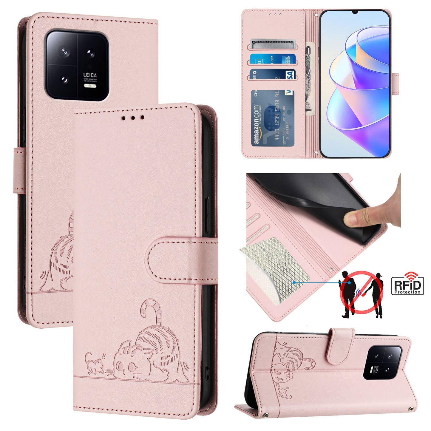 Xiaomi 13 5G Cat and Mouse Embossed PU Leather RFID Case with Wallet Slots, Anti-Fall Protection, Kickstand, and Lanyard-buycases.co.uk