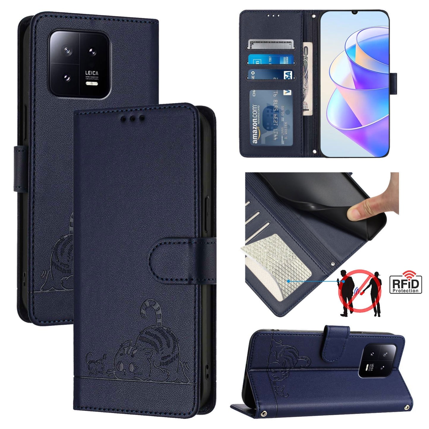Xiaomi 13 5G Cat and Mouse Embossed PU Leather RFID Case with Wallet Slots, Anti-Fall Protection, Kickstand, and Lanyard-buycases.co.uk